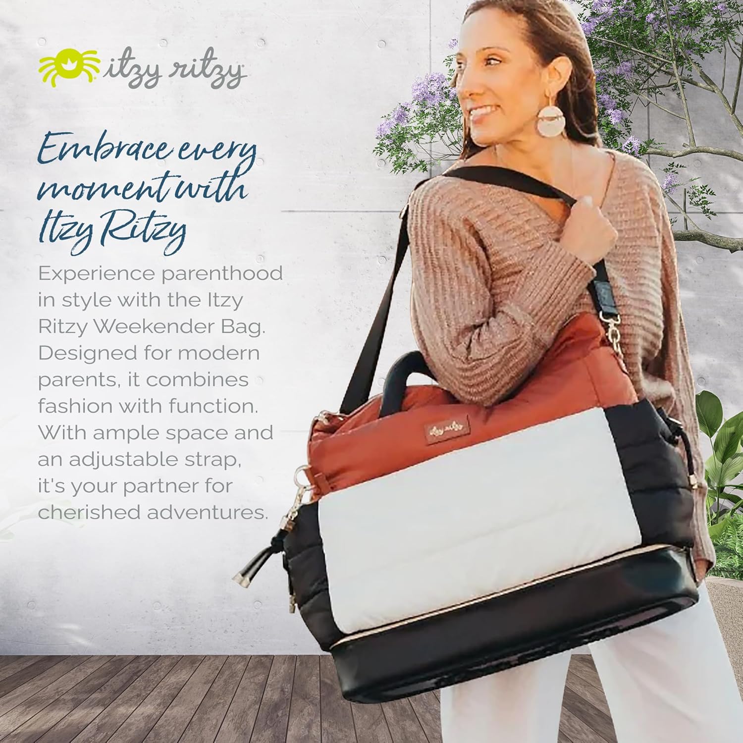 Itzy Ritzy Dream Weekender Travel Bag - Lightweight Overnight & Hospital Bag Features Base Compartment, 12 Pockets including 2 Insulated Bottle Pockets & Luggage Attachment (Coffee & Cream)