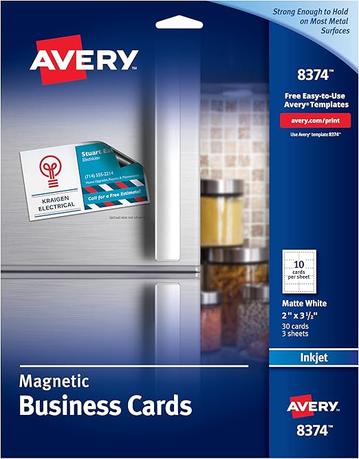 Amazon Com Avery 8374 Magnetic Business Cards 2 X 3 1 2 White 10 Cards Per Sheet Pack Of 30 Cards Matte White Business Card Stock Office Products