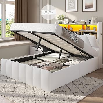 DICTAC Lit Coffre 140x190 Blanc avec Rangement – Lit Double à Levage Hydraulique, Éclairage LED, Prises USB/Type-C, Tête de lit Rembourrée avec Rangements – Sommier Inclus – pour Ado et Adulte, Blanc : Amazon.fr: Cuisine et Maison