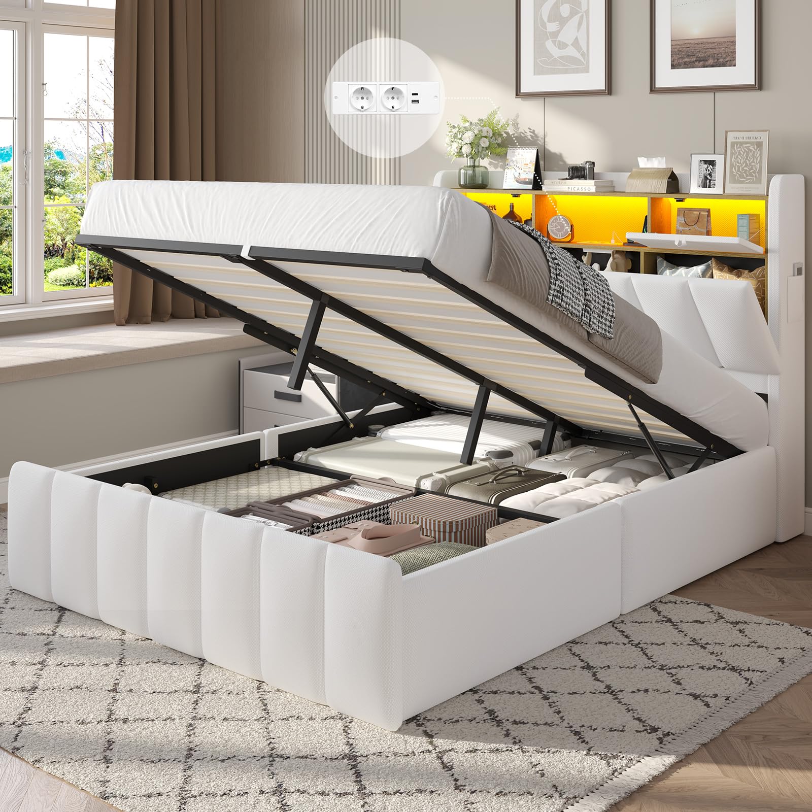 DICTAC Bett 140x200 mit Lattenrost & LED Beleuchtung – Stauraumbett mit Bettkasten, Polsterkopfteil & USB Ladestation – Weißes Polsterbett 140x200, Doppelbett für Jugendliche & Erwachsene