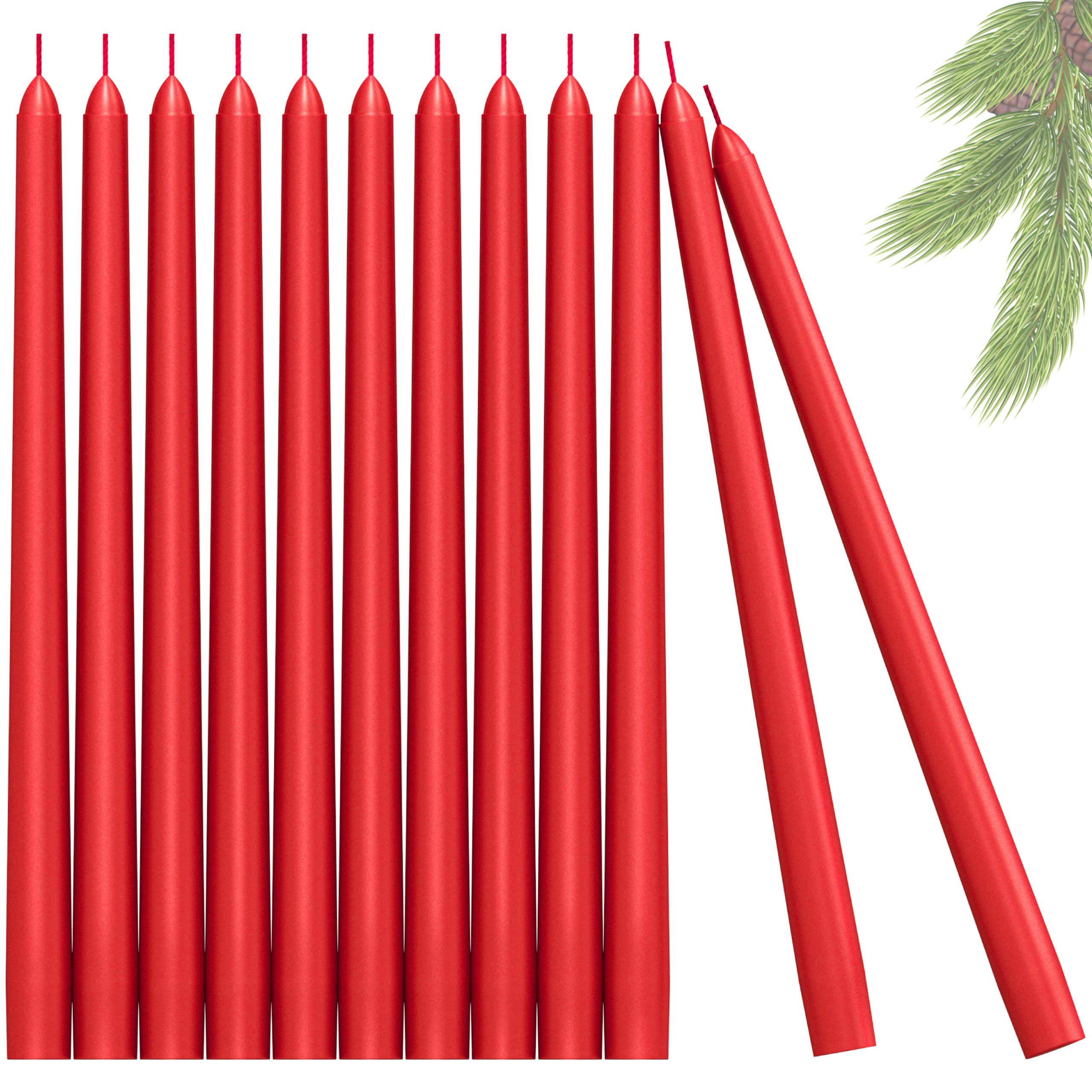 CANDWAX 10 inch Taper Candle Sticks Long Burning Set of 12 - Dripless Dinner Candles for Table Look Like Matte Metallic Candles and are Ideal for Any Occasion - Metallic Red Candles