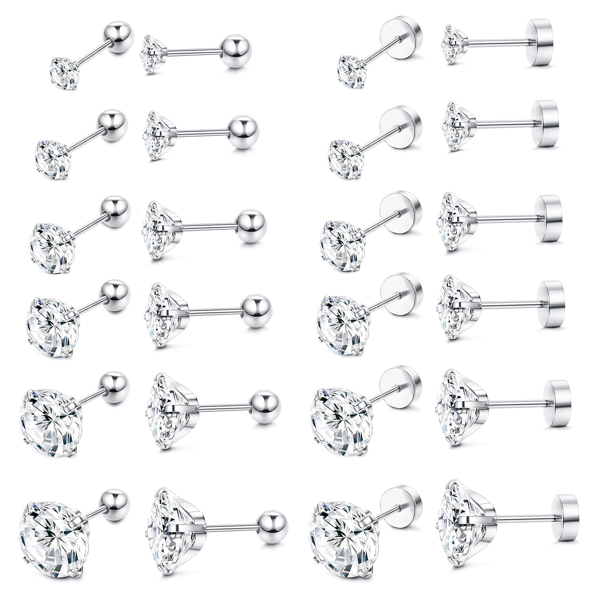 Jstyle6Pairs 18G Stainless Steel Mens Womens Stud Earrings Cartilage Ear Piercings Helix Tragus Barbell CZ 3-8mm