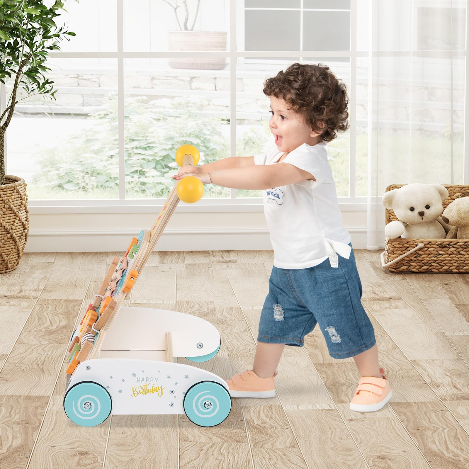 COSTWAY Carrello Primi Passi Spingitore Evolutivo Regolabile in Altezza | Girello in Legno con Xilofono, Blocchi Scorrevoli e Perline Mobili, Centro Attività per Bambini 1+ Anni