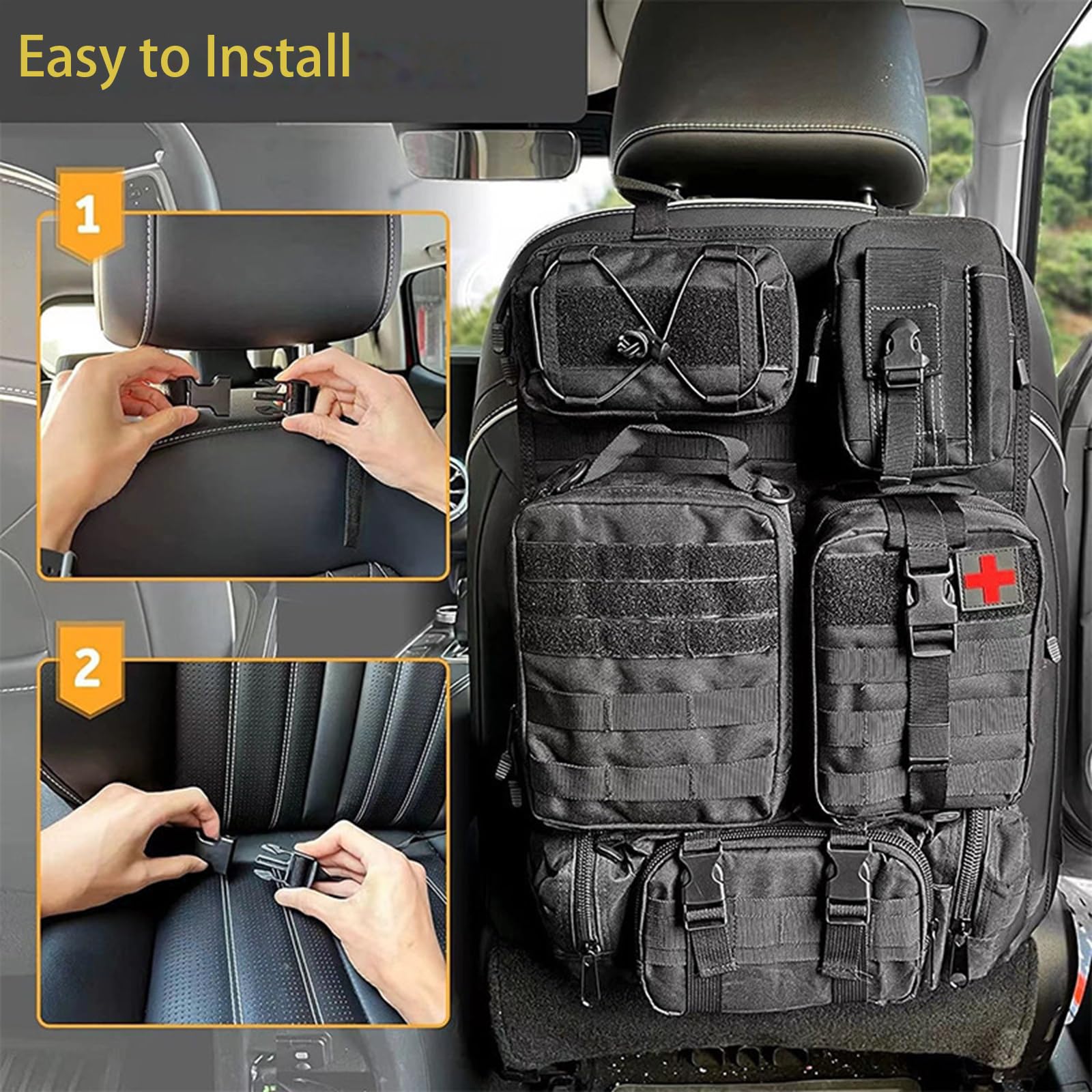Organiseur tactique universel pour dossier de siège de voiture, panneau Molle, protection contre les coups de pied, organisateur de siège de van avec 5 poches Molle amovibles pour toutes les