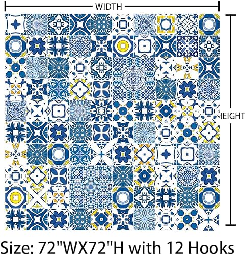 Miniatura 3 de MEHOFOND Cortina de ducha con azulejos azules y amarillos, textura retro moderna, mosaico marroquí, cortina de ducha mediterránea portuguesa para
