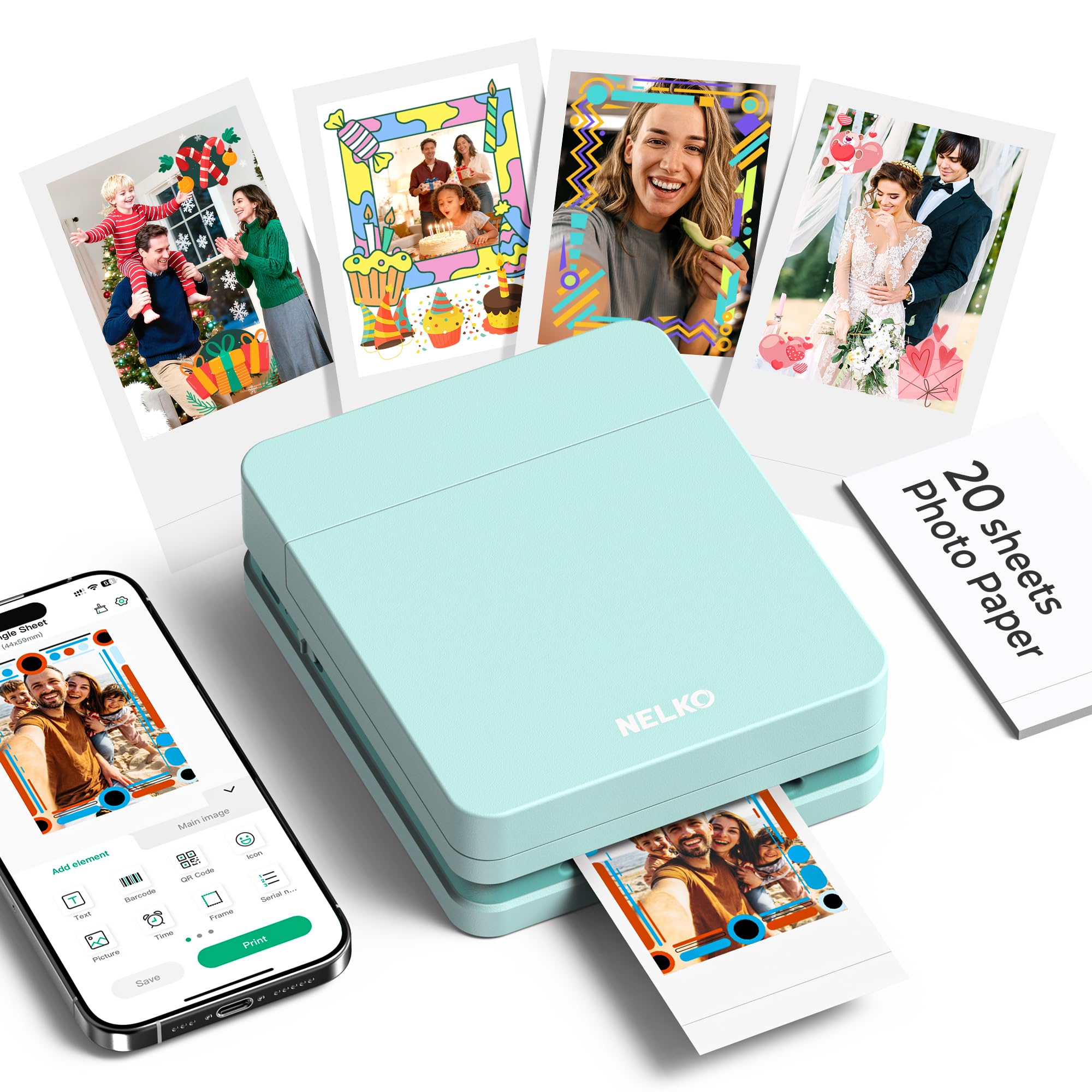 Nelko PP01 Mobile Photo Printer, Mini Portable Color Printer, Instant Sticker Printer for iOS/Android Smartphones with Editing App, Green