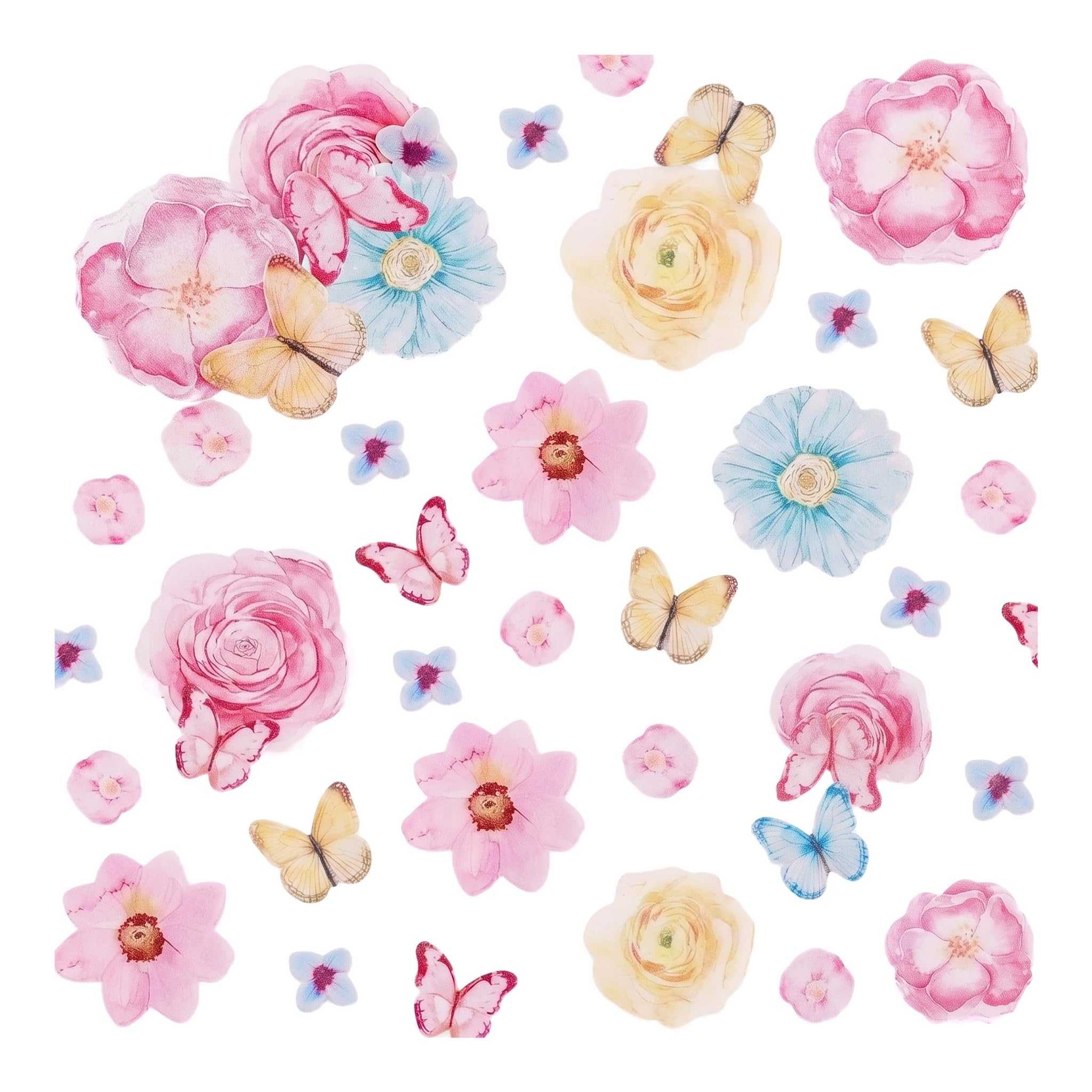 52Pcs Edible Wafer Paper Cake Decorations, Watercolor Flowers & Butterflies Edible Toppers, Rice Paper Edible Decor for Cupcake, Wedding Birthday Cakes
