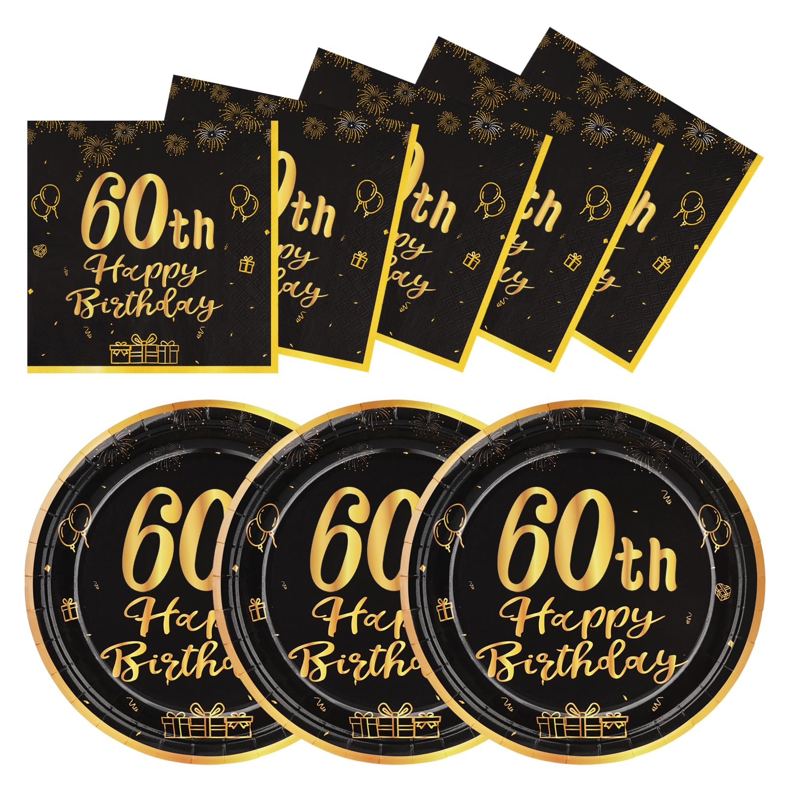 LAWALEISHE 60th Happy Birthday Paper Plates and Napkins, Black Gold 9" Disposable Strong Plates for Parties, 48pcs Party Tableware Set 24 Guests, Birthday Supplies for Table Decorations