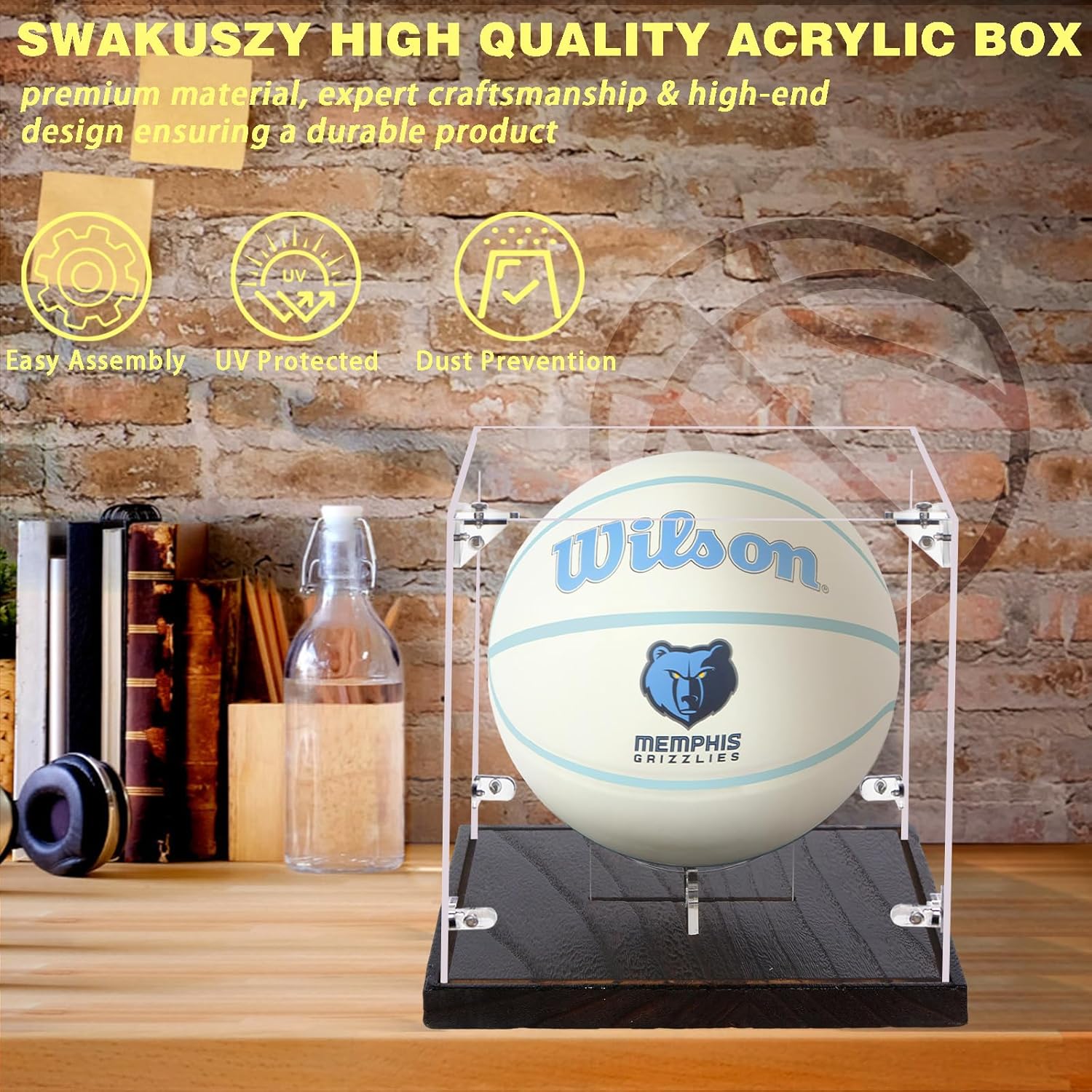 Mini Basketball Display Case with Solid Wood Base, 8-Inch Mini Basketball Display Case for Autographed Mini Basketballs, Memorabilia Display - Sports Collectible Storage for Mini Basketball Collectors