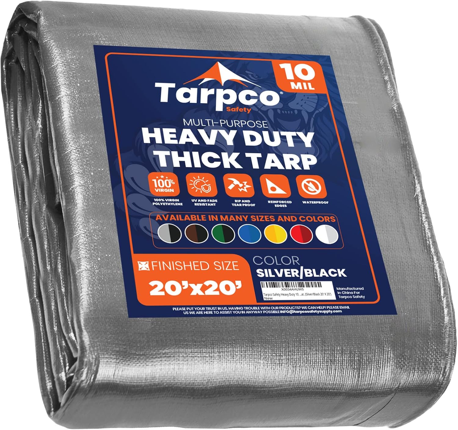 Tarpco Safety Heavy Duty 10 Mil Tarp Cover, Waterproof, UV Resistant, Rip and Tear Proof, Poly Tarpaulin with Reinforced Edges for Camping, Roof, Patio, Pool, Boat. (Silver/Black 20 X 20)