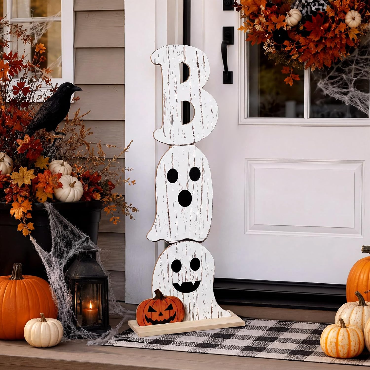 Pinkunn Halloween Boo Porch Sign Pumpkin Outdoor Ghost Sign for Front Porch