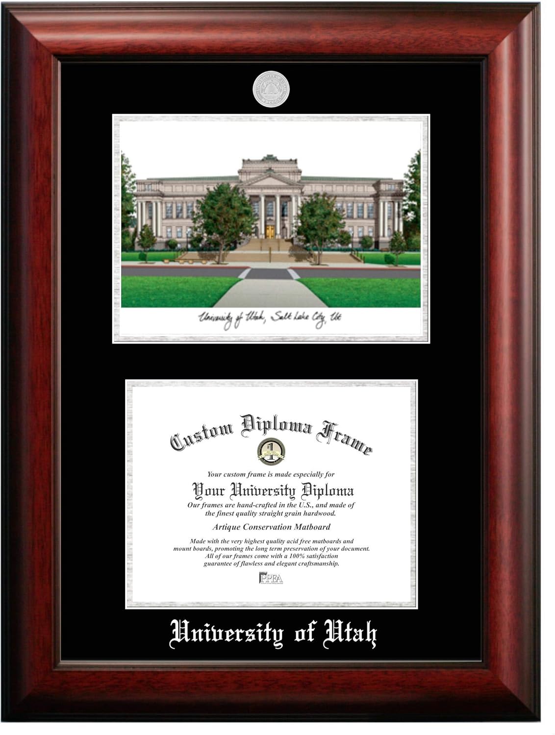 NCAA Utah Utes Unisex Silver Medallion Frame University of Utah 11w x 8.5h Silver Embossed Diploma Frame with Campus Images Lithograph, Brown, One Size