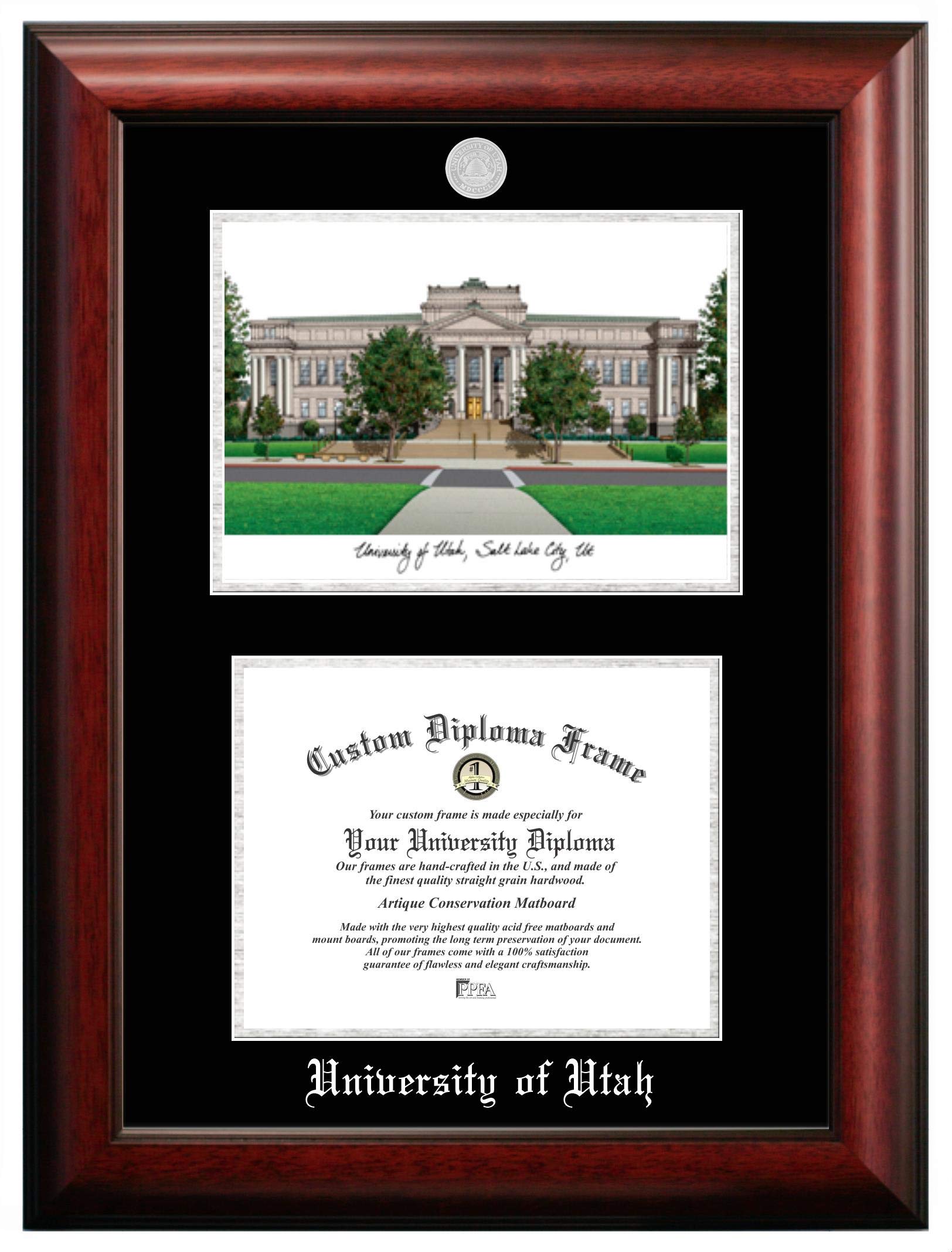 NCAA Utah Utes Unisex Silver Medallion Frame University of Utah 11w x 8.5h Silver Embossed Diploma Frame with Campus Images Lithograph, Brown, One Size