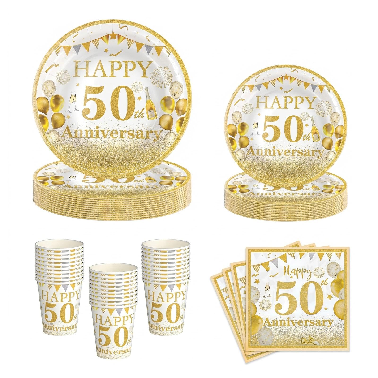 100Pcs 50th Wedding Anniversary Paper Plates Cups and Napkins, Gold White 50th Anniversary Decorations, Disposable Party Tableware Set Serves 25 Guests for Milestone Celebration Supplies