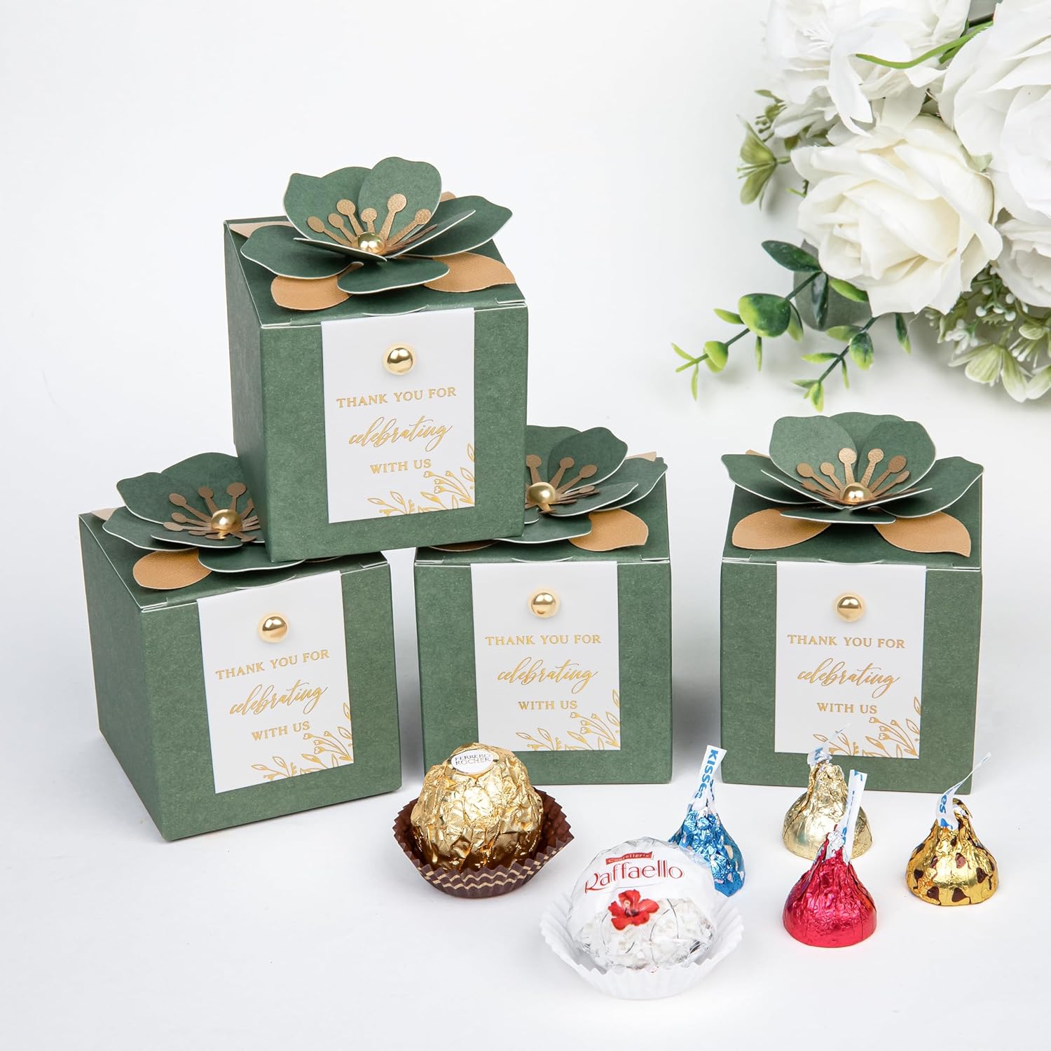 FEIYI 20 PCS Favor Boxes, 3 In 1 Olive Green Candy Boxes with Floral Decor, White Thank You Tags Gold Foil Print Gift wrapping for Wedding, Baby Shower, Birthday, Decorations Party - 2.55x2.55x2.55 - Image 4