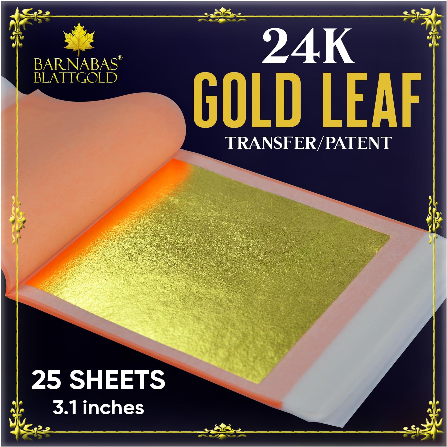 Barnabas Blattgold Gold Leaf - 24K Real Gold [25 Sheets, 3.1 inches] - Transfer Patent for Painting, Arts and Crafts