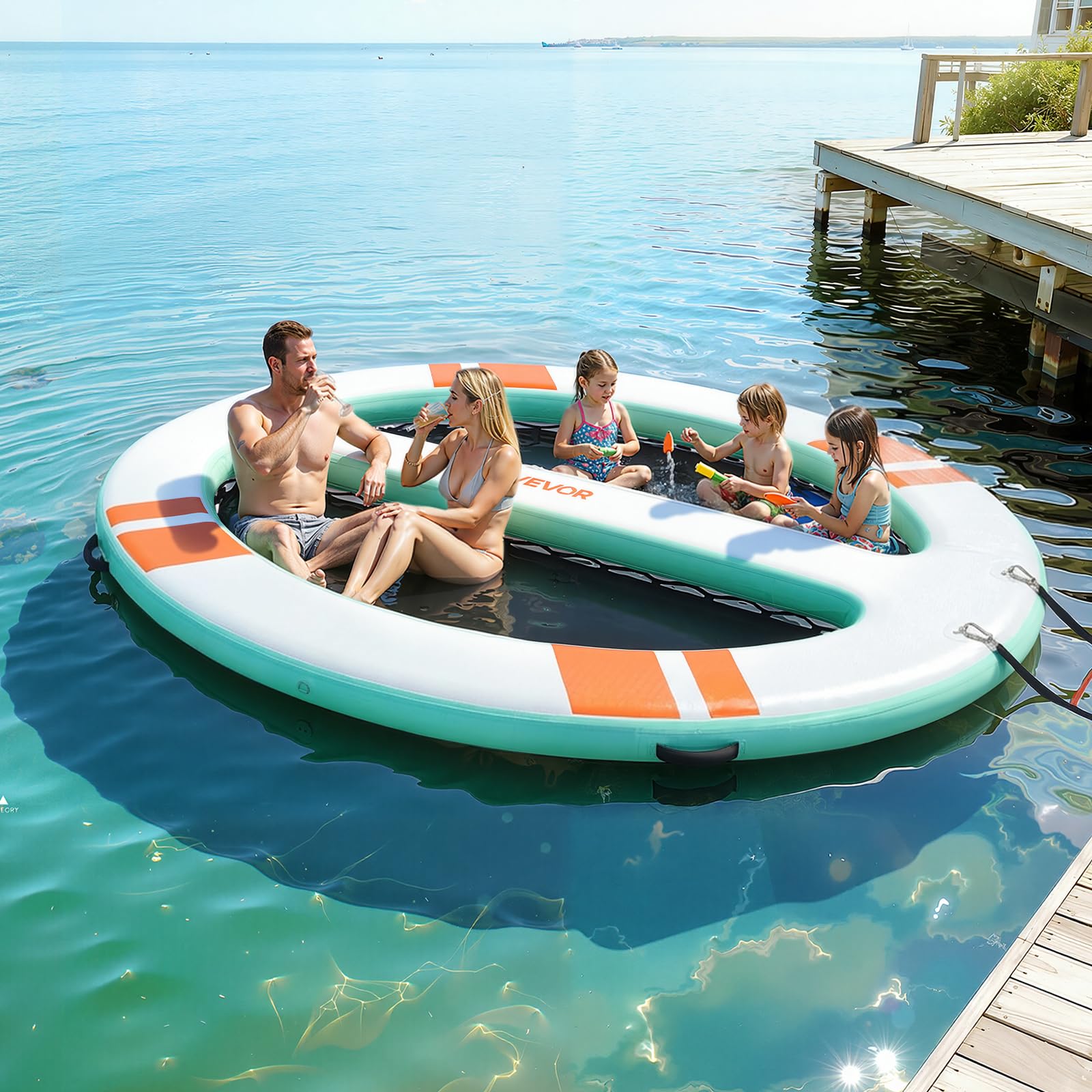 VEVOR Pontile Galleggiante Gonfiabile 3,05 x 2,44 m, Piattaforma Galleggiante per Piscina Spiaggia Mare Feste Sport Acquatici con Tenda Scala Borsa da Trasporto Portatile Scaletta Rimovibile, Blu