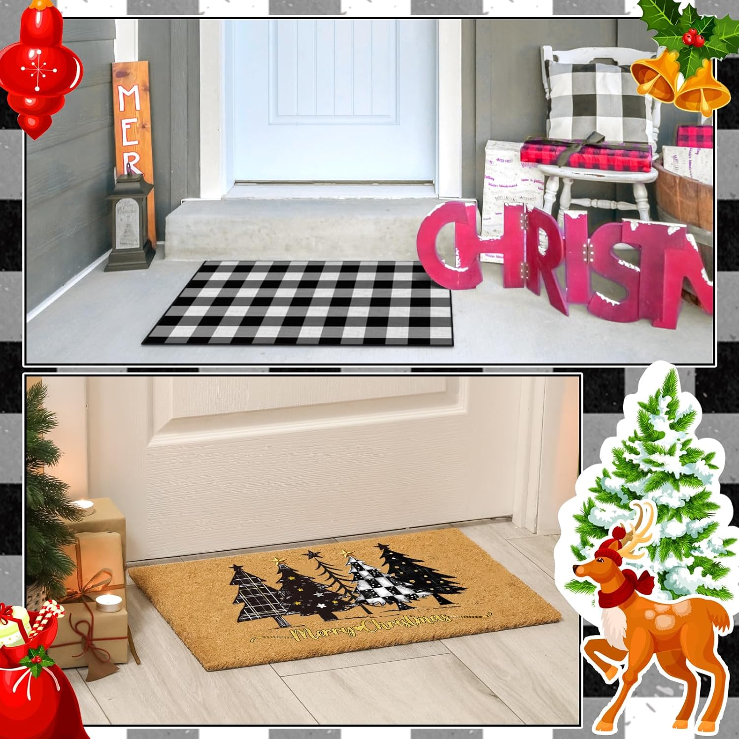 Fourluoo 2 Pcs Christmas Front Porch Rug Buffalo Plaid Christmas Door Mat Imitation Coco Coir Black White Xmas Tree Welcome Layering Rug for Outdoor Winter Home Festival Holiday Decor, 28 x 43 Inch