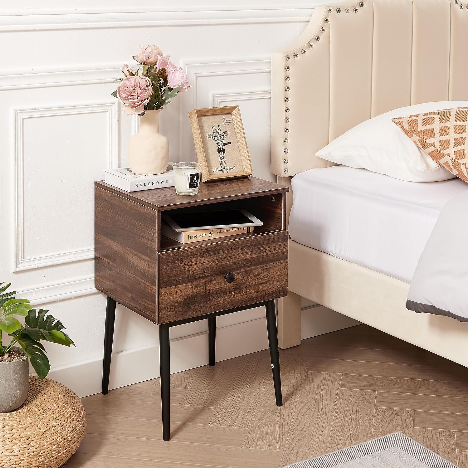 VECELO Night Stand for Bedroom Set of 2,Modern Solid Wood Nightstand with Storage Shelf and Drawer, Bedside Table End Table for Living Room,Bedroom,Entryway,Easy Assembly,Brown