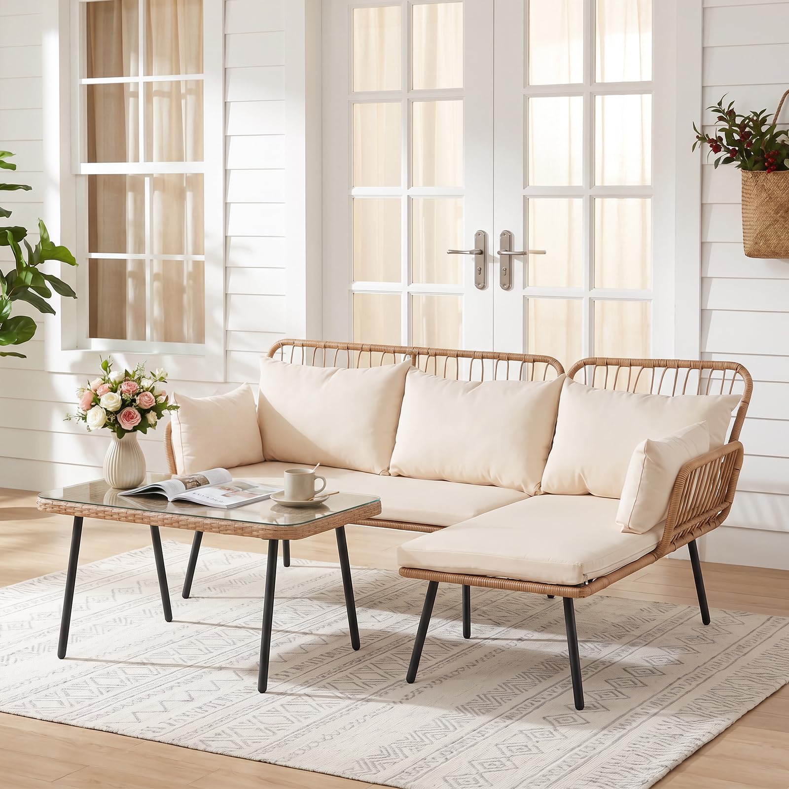 COSTWAY Lounge Möbel Outdoor, Polyrattan Gartenlounge mit Tisch und Kissen, Gartenmöbel Set, Balkonmöbel, Terrassenmöbel, Sitzgarnitur, 3-teilige Sitzgruppe für Garten, Balkon, Terrasse