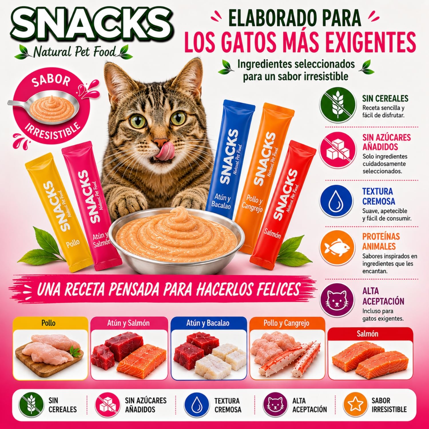 Snacks Gatos - Pack Variado Natural de Snacks Saludables 5 Recetas - Deliciosos Premios con Textura Suave y Cremosa - 1680gr (120x14gr)