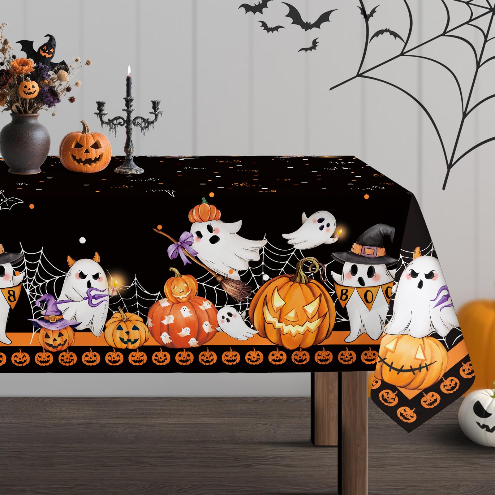 Arquiel Halloween Ghost Pumpkin Tablecloth Waterproof, Black Orange Plaid Table Cloth Rectangle, Washable Table Cover for Halloween Party Home Kitchen Decoration (152x304cm)