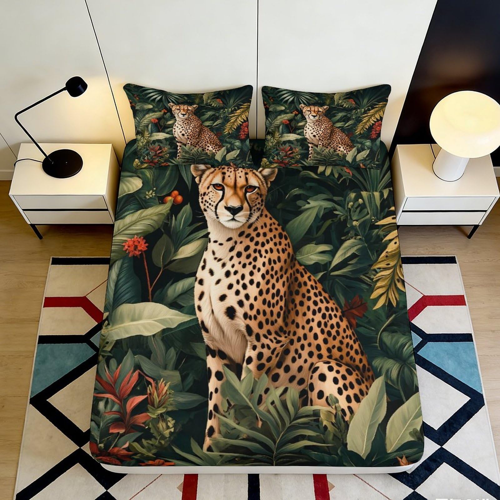 3D Printed Cheetah Jungle Fitted Sheet Microfiber Soft Breathable Safari Leaves Bed Cover for Bedroom Dorm Mattress Protection 90x200x25cm