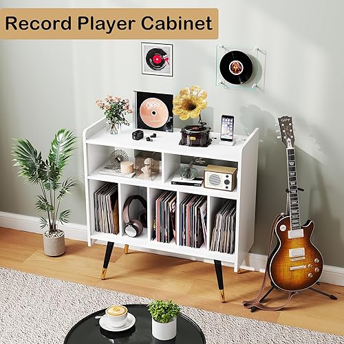 Miniatura 7 de White Record Player Stand: Vinyl Record Player Stand with Storage, Turntables for Vinyl Records, Modern Media Console, Album Display Shelf with USB