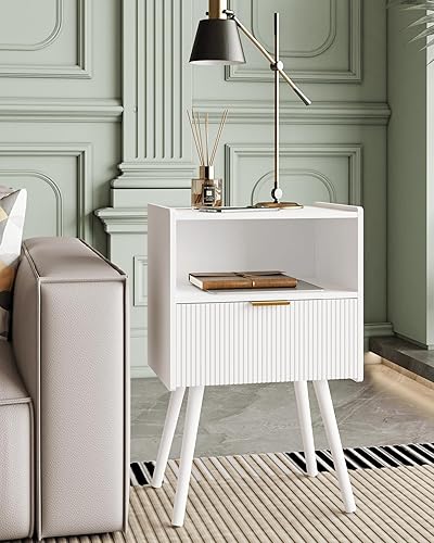 Miniatura 5 de Mesita de noche, moderna mesita de noche con cajón de almacenamiento y estante de madera abierta, mesita de noche decorativa con patas de madera