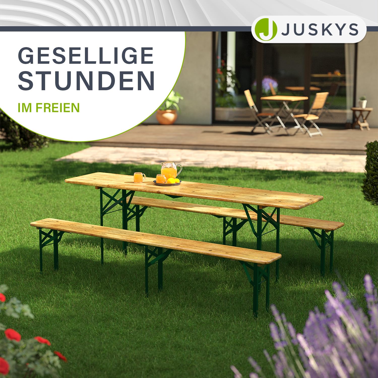 Juskys Set da giardino 3 pezzi, tavolo da birra pieghevole 220 cm e panche in legno di abete, finitura naturale, per tende da festa e uso esterno