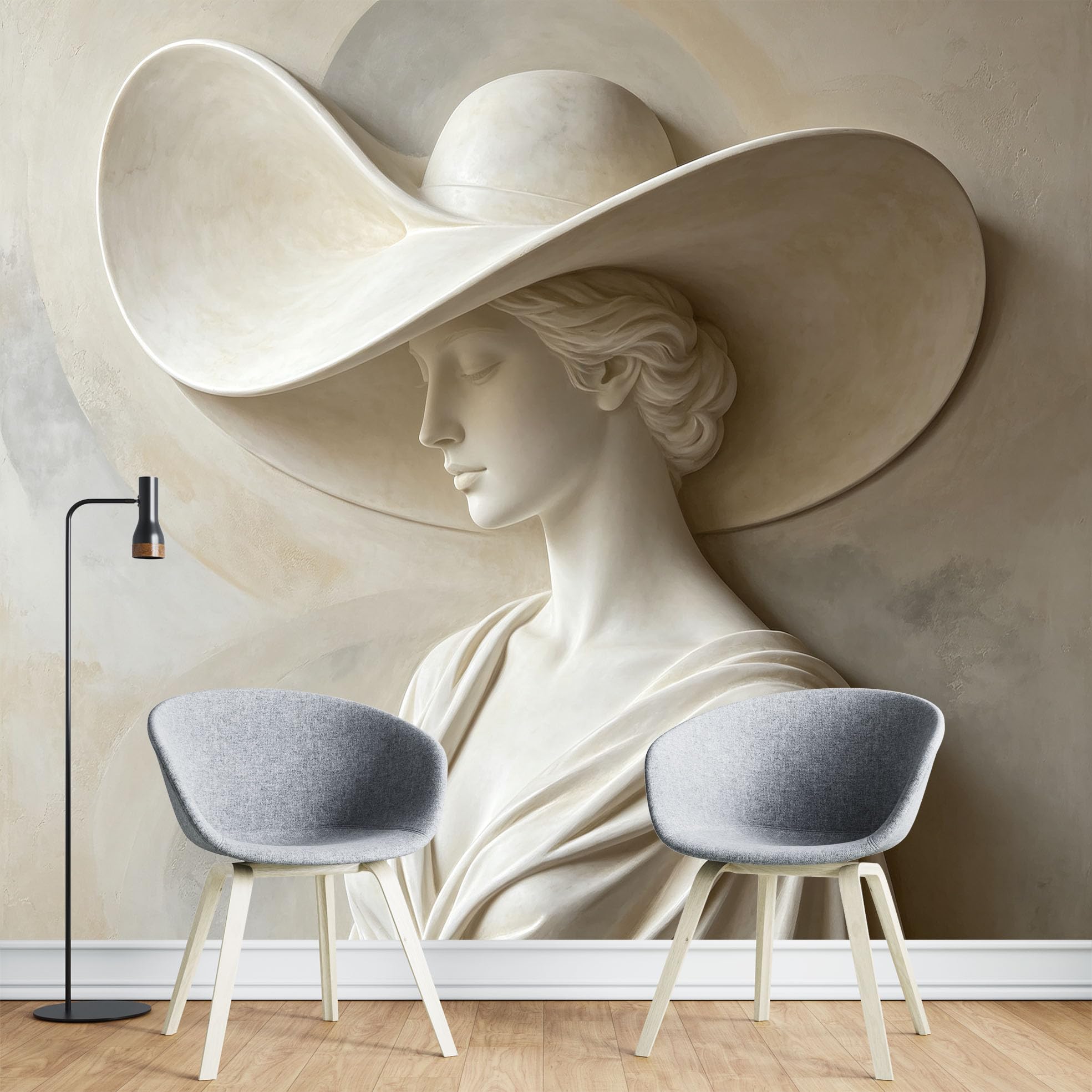 Carta da Parati Murale Fotografico 3D Effetto Marmo in Tessuto Non Tessuto 371 x 280 cm con Scultura di Donna con Cappello Ideale per Soggiorno Camera Letto Corridoio e Pareti Decorative.