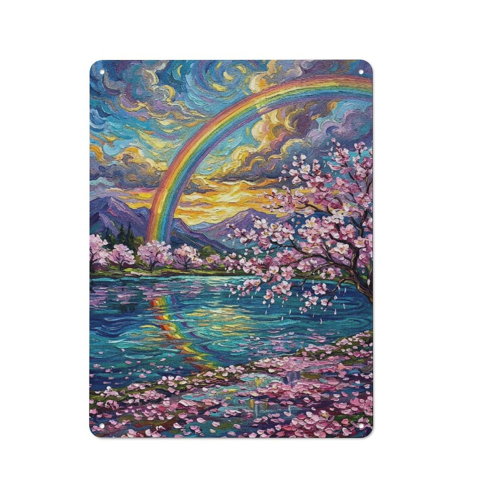 Junmoney Style-19 Tin Wall Plaque 40X30cm With Rainbow Over Cherry Blossoms Painting For Garage Wall, For People Furnishing A Garage, For Retro Home Interiors