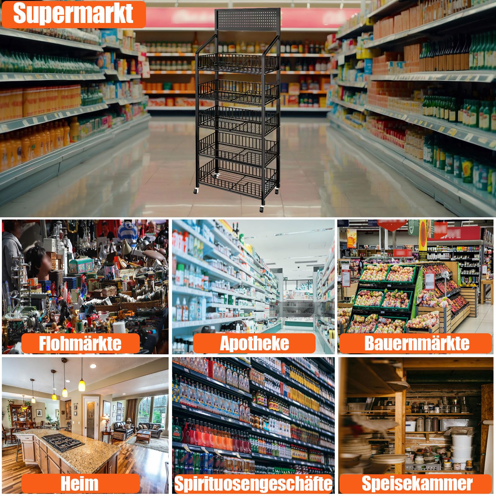 5-stufiger Supermarkt Verkaufsregal, freistehende Schwarze Einzelhandels-Ausstellungsregale mit 12 Haken und 4 Rädern, großes Snackregal aus Metall für Ladengeschäfte