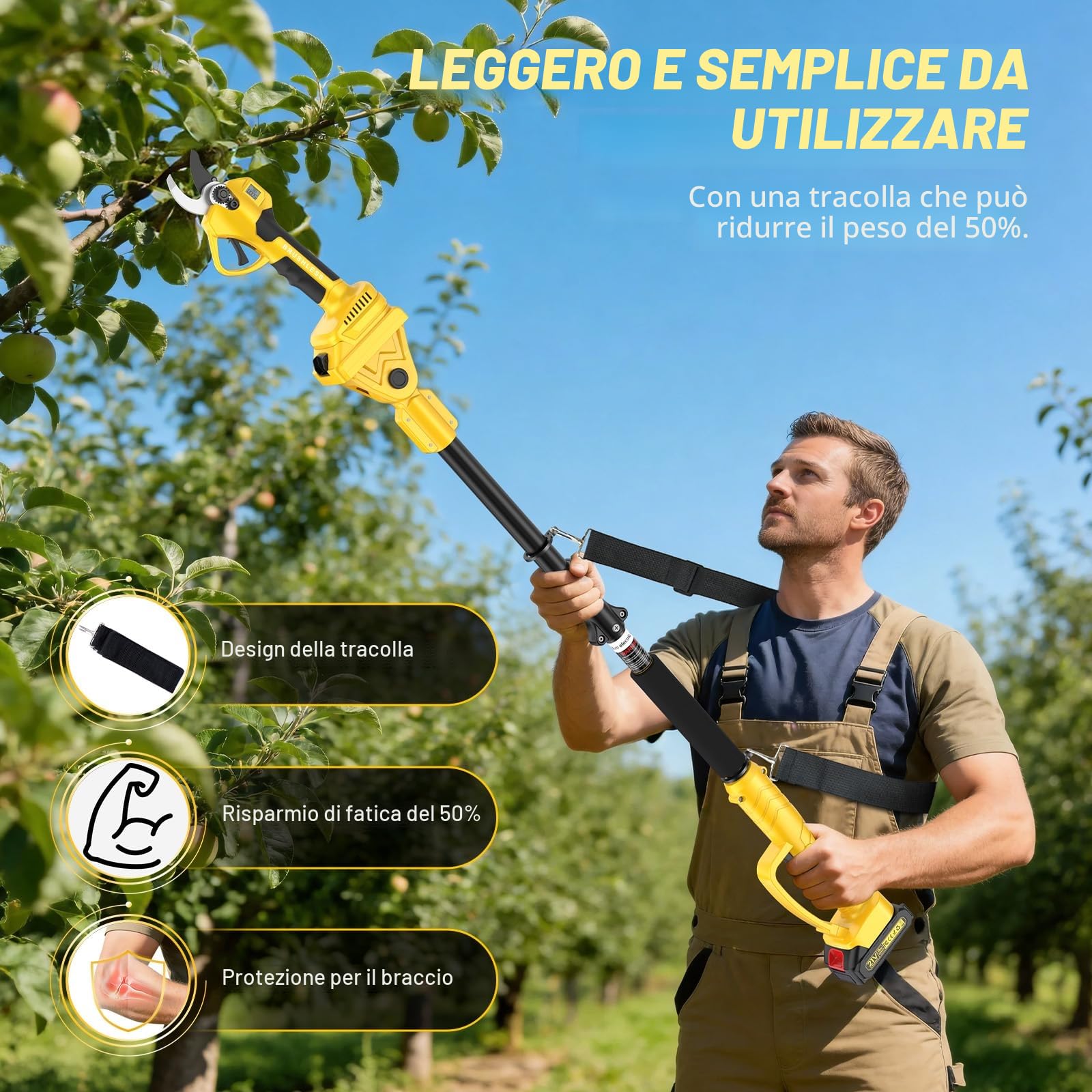 Motosega a Batteria Telescopica, 1000W 35 mm Forbici Potatura a Batteria con Asta 2.2M + 6" Mini Motosega Elettrica, 2 * 2000mAh 4-in-1 Kit Forbice Potatura a Batteria per Frutteto, Giardino Chainsaw