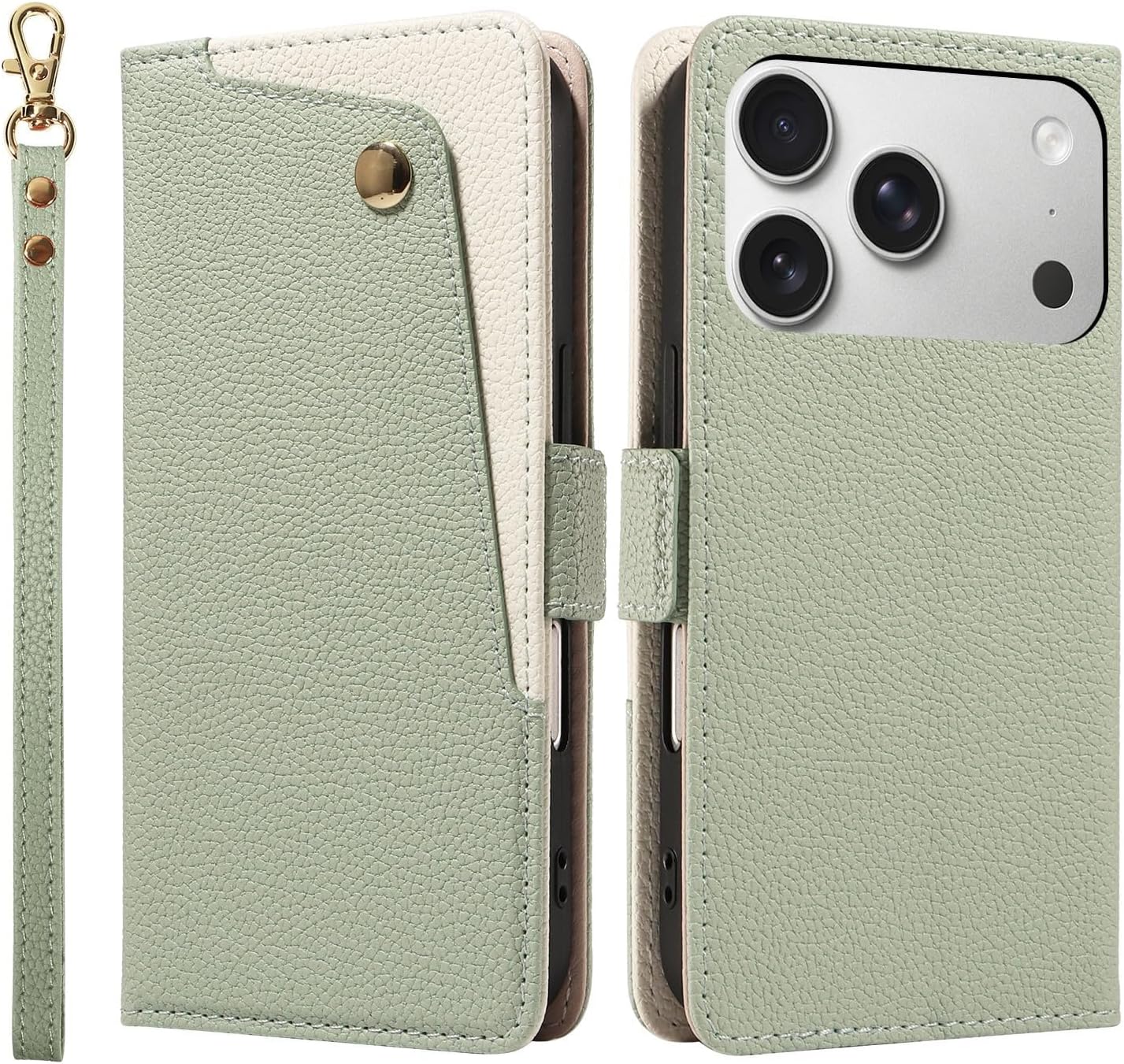 Leather Purse Case with Mirror for iPhone 17/17 Air/17 Pro/17 Pro Max, Flip Cover with Wristband, Folding Stand & All-Inclusive Protection(Gray,17)