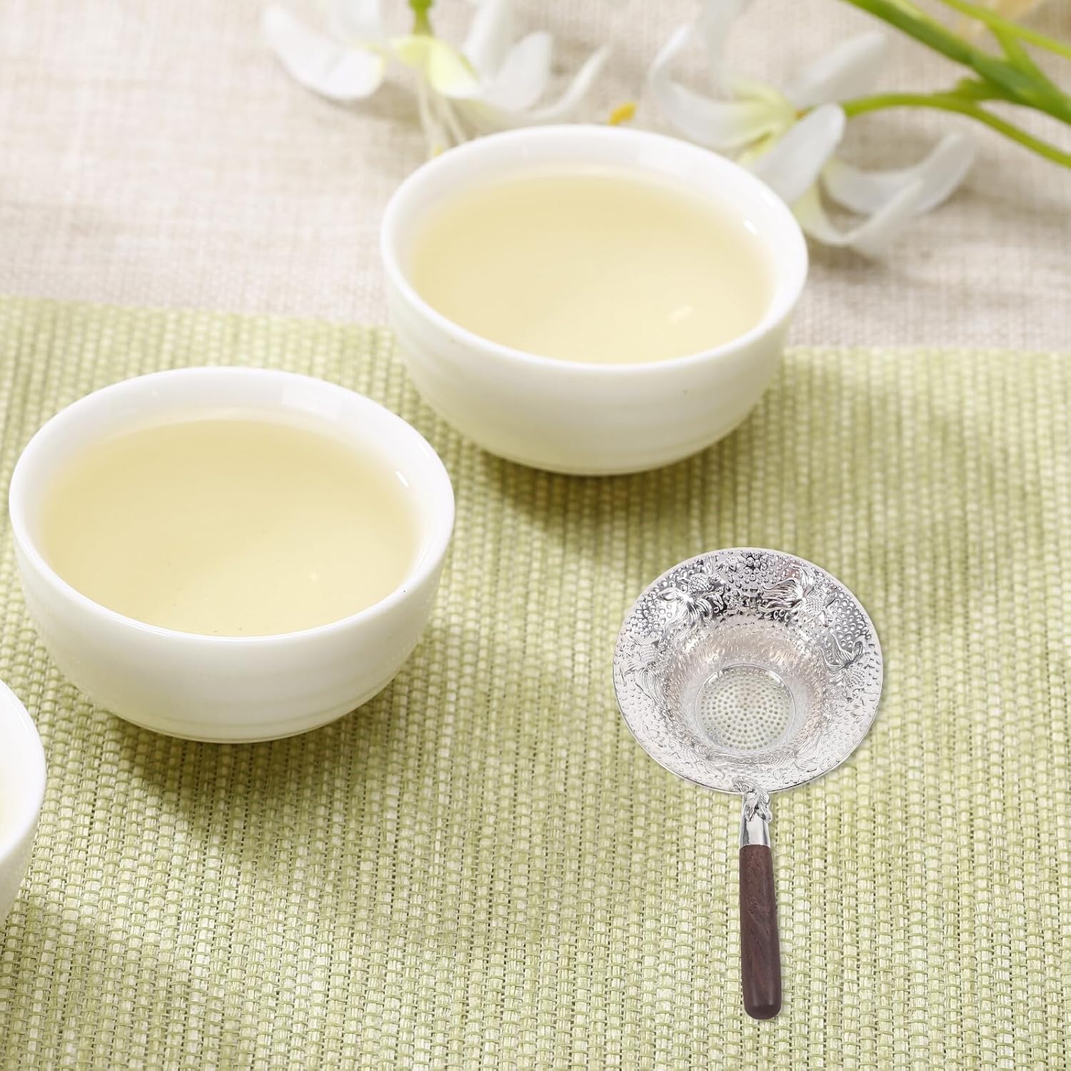 Zerodeko Fine Mesh Alloy Tea Strainer with Handle for Loose Leaf Tea Cocktail Juice Sugar Spices Chinese Style Koi Hammer Pattern Sifter