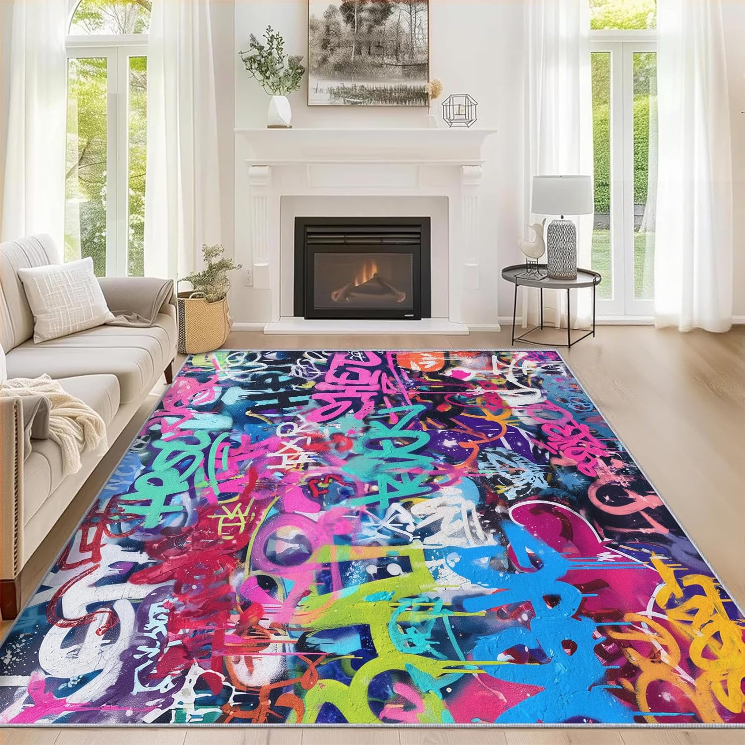 Amazon.com: 4x6 Colorful Graffiti Rugs for Bedroom Decor, Washable ...