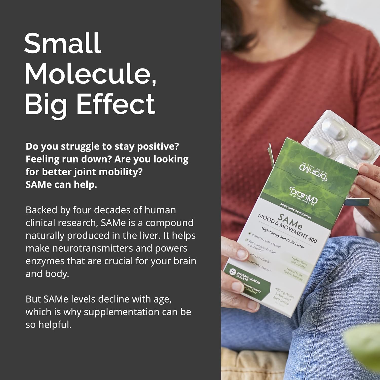 BRAINMD Dr Amen SAMe Mood & Movement 400 - 30 Tablets - Promotes Emotional Balance, Liver Health, Joint Comfort & Mobility - Gluten Free - 30 Servings - Image 5