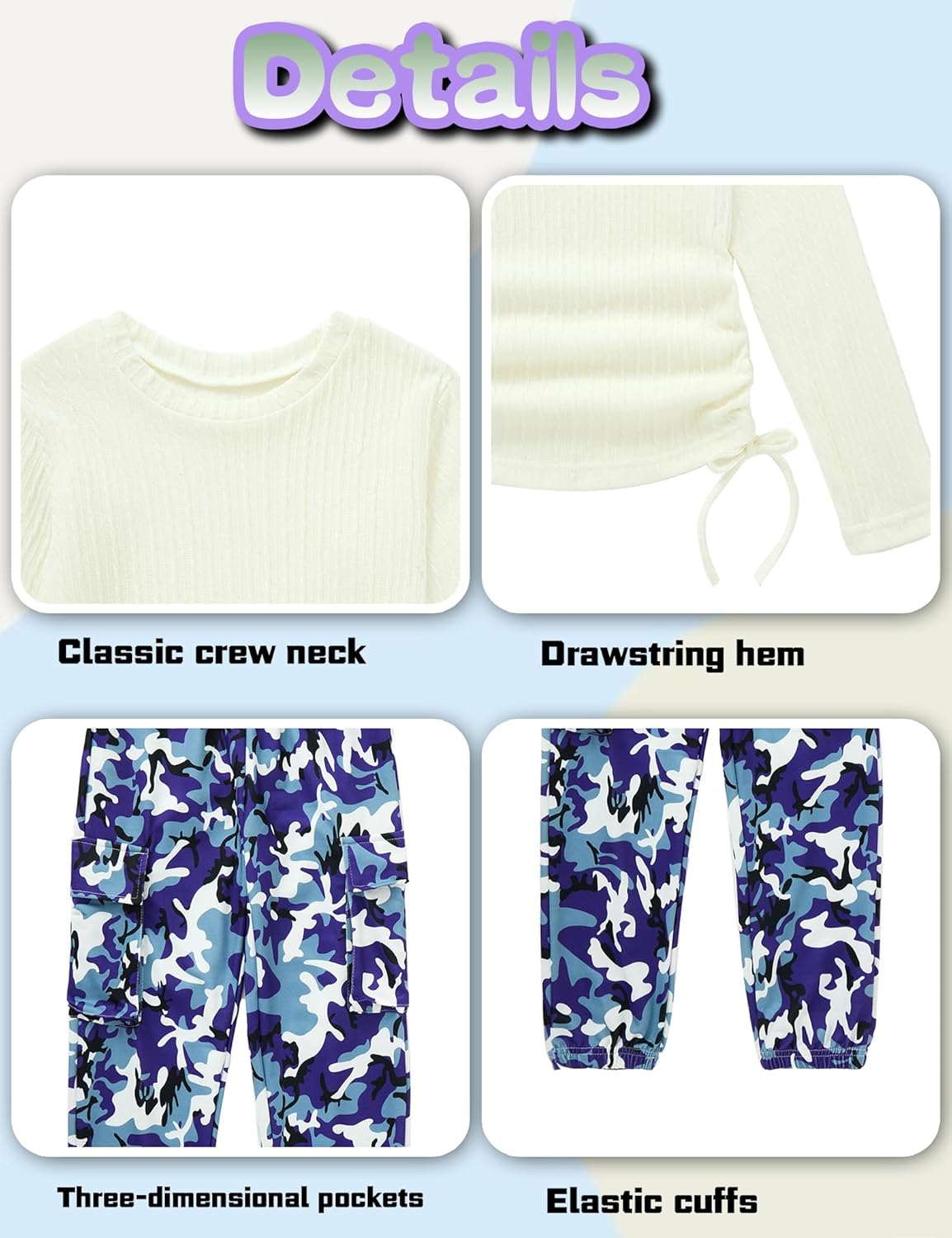 mksodop Girls Clothes Ruched Drawstring Short Sleeve Knit Top and Camo Print Pants 2 Piece Girls Outfits - Image 7