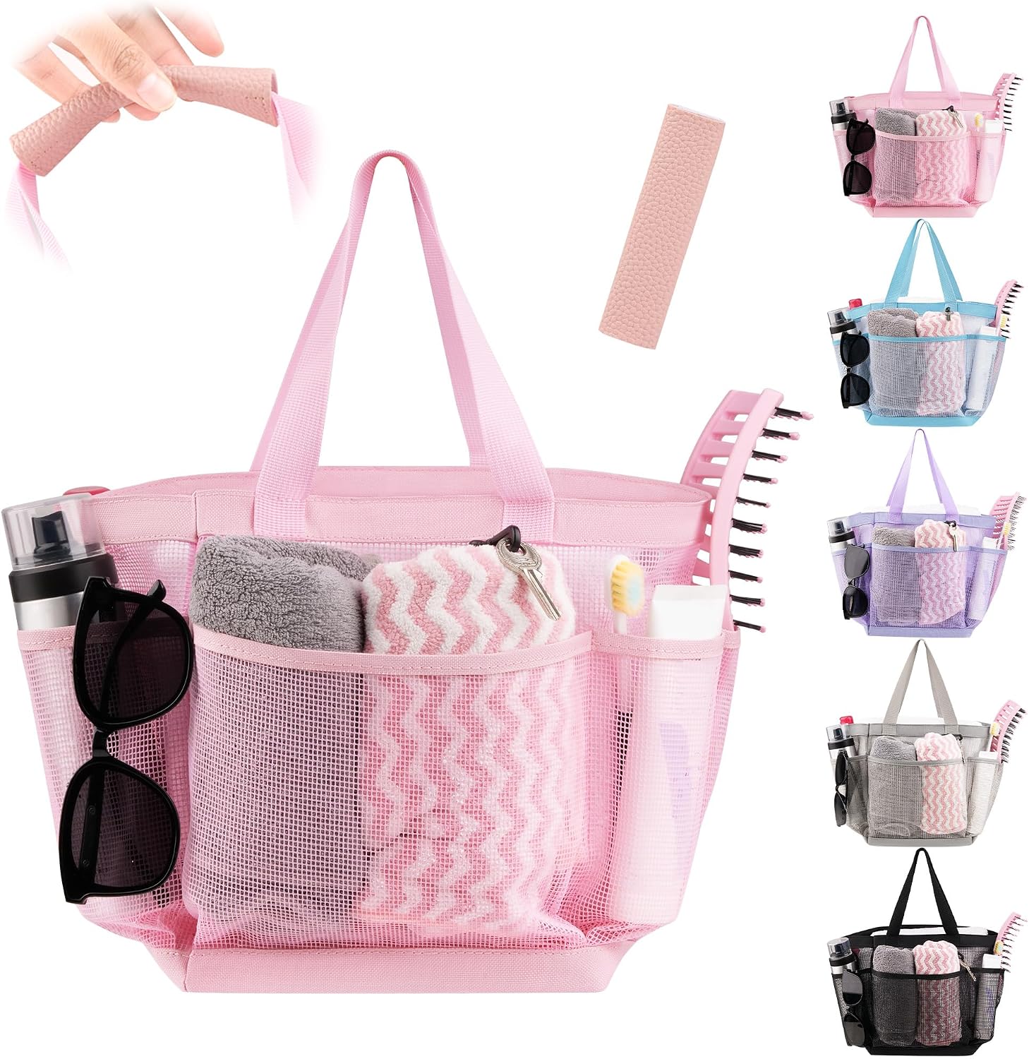 Mesh Shower Caddy Portable for College Dorm Room Essentials with 8 Pockets, Hanging Caddy Dorm Basket, Quick Dry Shower Bag for Bathroom (Pink, 1Pack)
