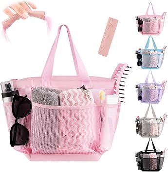 Mesh Shower Caddy Portable for College Dorm Room Essentials with 8 Pockets, Hanging Caddy Dorm Basket, Quick Dry Shower Bag for Bathroom Pink, 1Pack