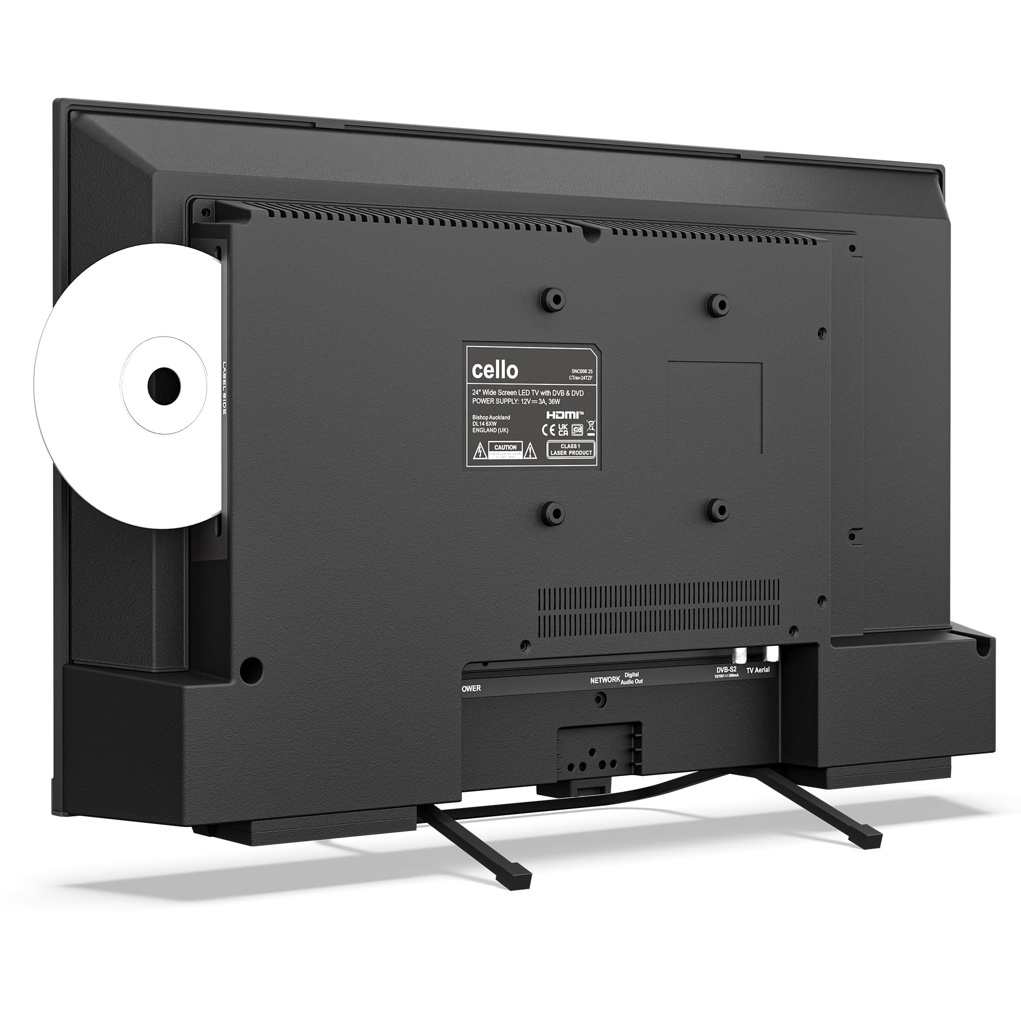 Cello CTRAV-24TZF Smart TV LED 24" 12V con lettore DVD per camper e campeggio, Tizen OS di Samsung, Gaming Hub, altoparlanti Pitch Perfect, Bluetooth, triplo sintonizzatore