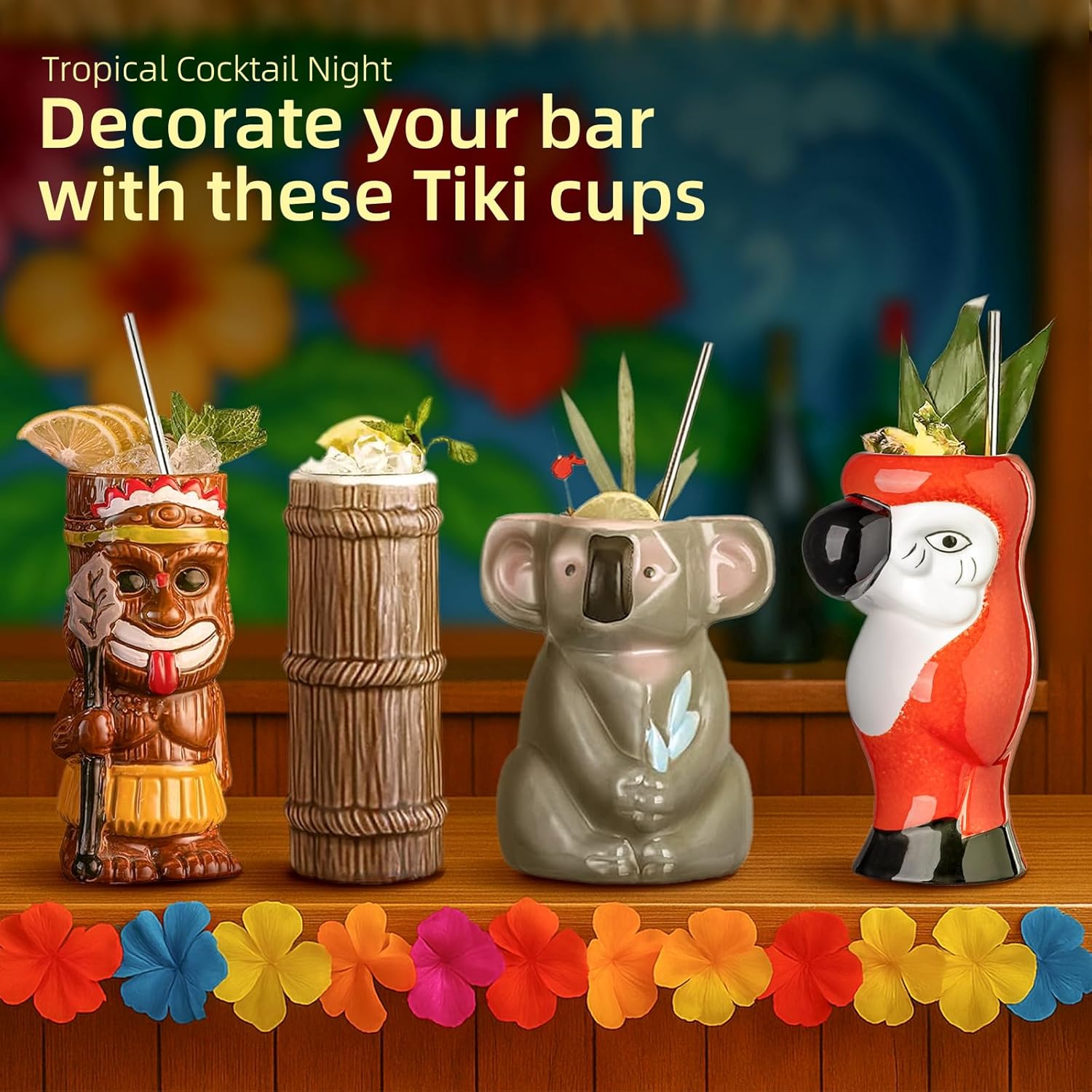 Tiki Mugs for Cocktail Set of 4 - Large Ceramic Tiki Cups,Tiki Glasses Cute Exotic Cocktail Glasses, For Hawaiian Party And Tiki Bar - Image 4