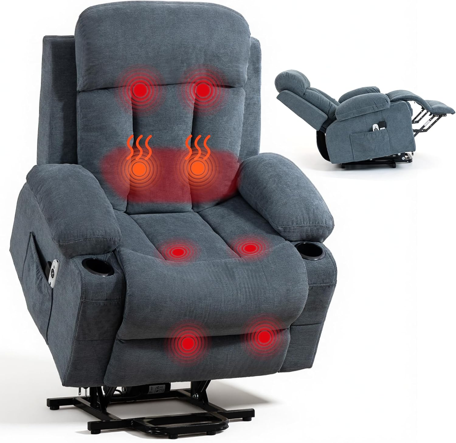 Lift Chair for Elderly with 8 Vibration Points Massage and Heat, Power Electric Recliner Featuring Cup Holders Side Pockets & USB Charge Port for Living Room, Blue