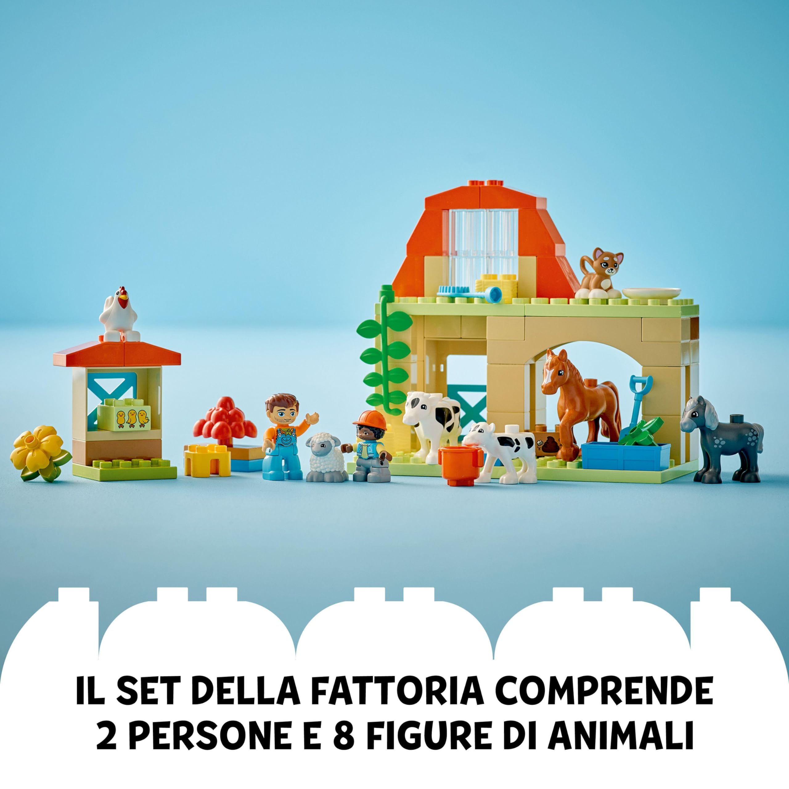 LEGO DUPLO Cura degli Animali di Fattoria Giocattolo, Gioco di Ruolo Educativo per Bambini e Bambine da 2 Anni in su con Figure di Cavalli, Mucche e Galline, Set Prescolastico per Apprendimento 10416