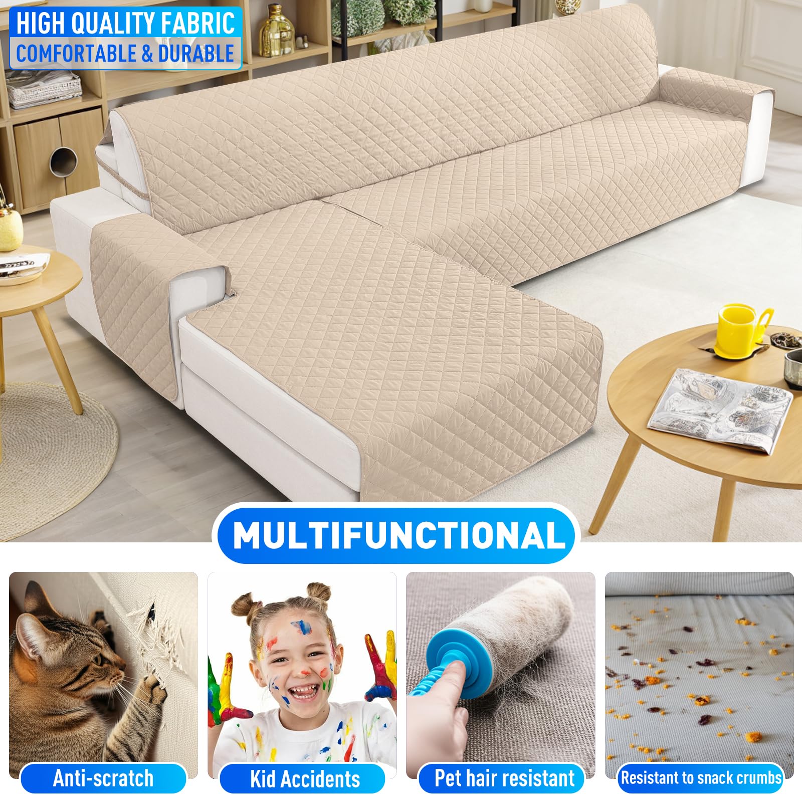 Impermeable Funda Sofa Chaise Long 4 Plazas, Funda Chaise Longue Derecho/Izquierdo Reversible, Universal, Ajustables, Antideslizante, Lavable, para Gatos Perros, Beige