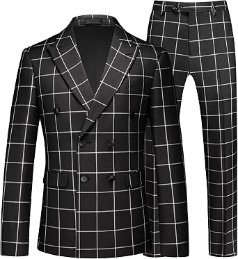 MOGU Mens Plaid Tuxedo Suit - Double Breasted 2-Piece Checkered Set with Suit Jacket and Pants for Prom and Wedding