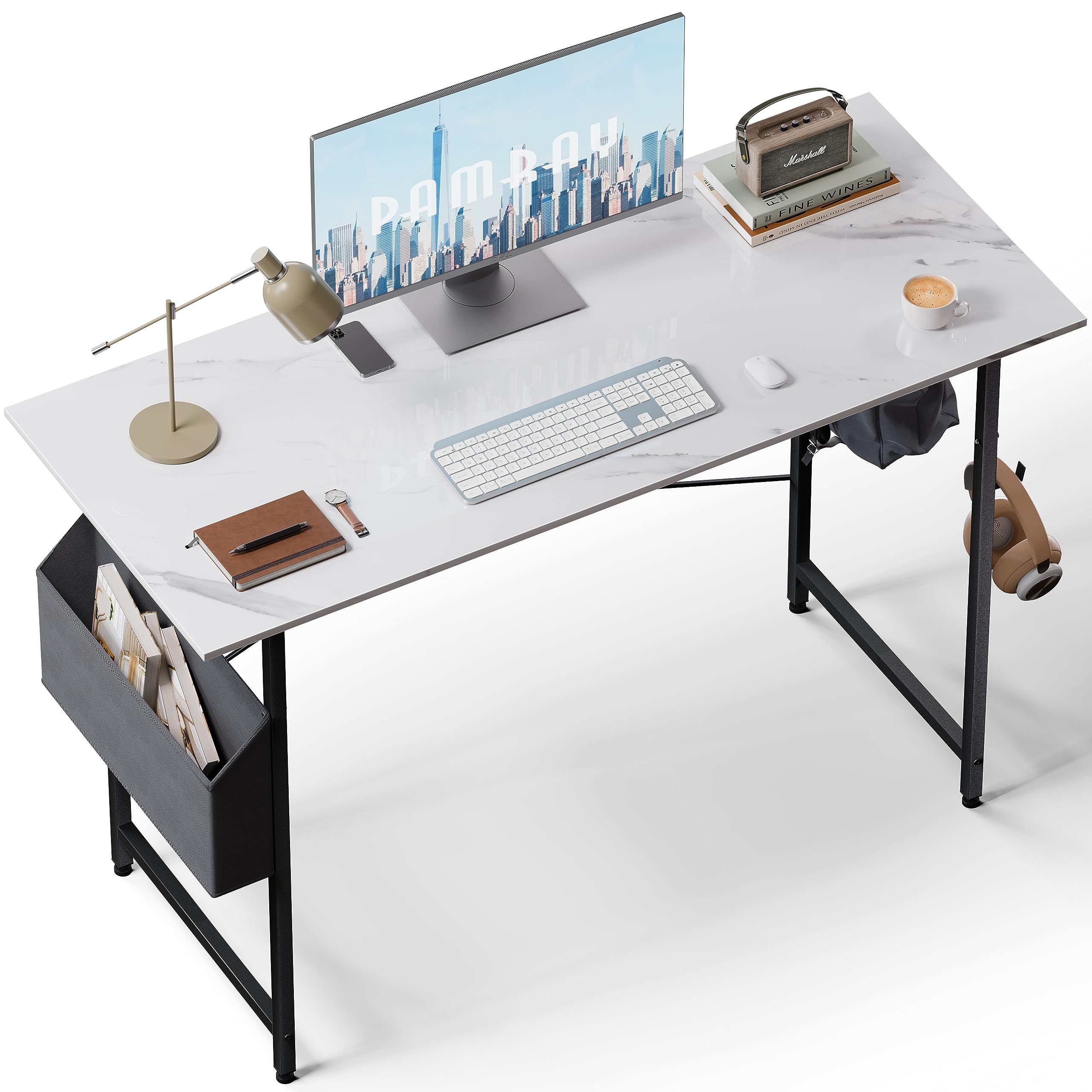 Pamray 47 Inch Computer Desk for Small Spaces with Storage Bag, Home Office Work Desk with Headphone Hook, Small Office Desk Study Writing Table