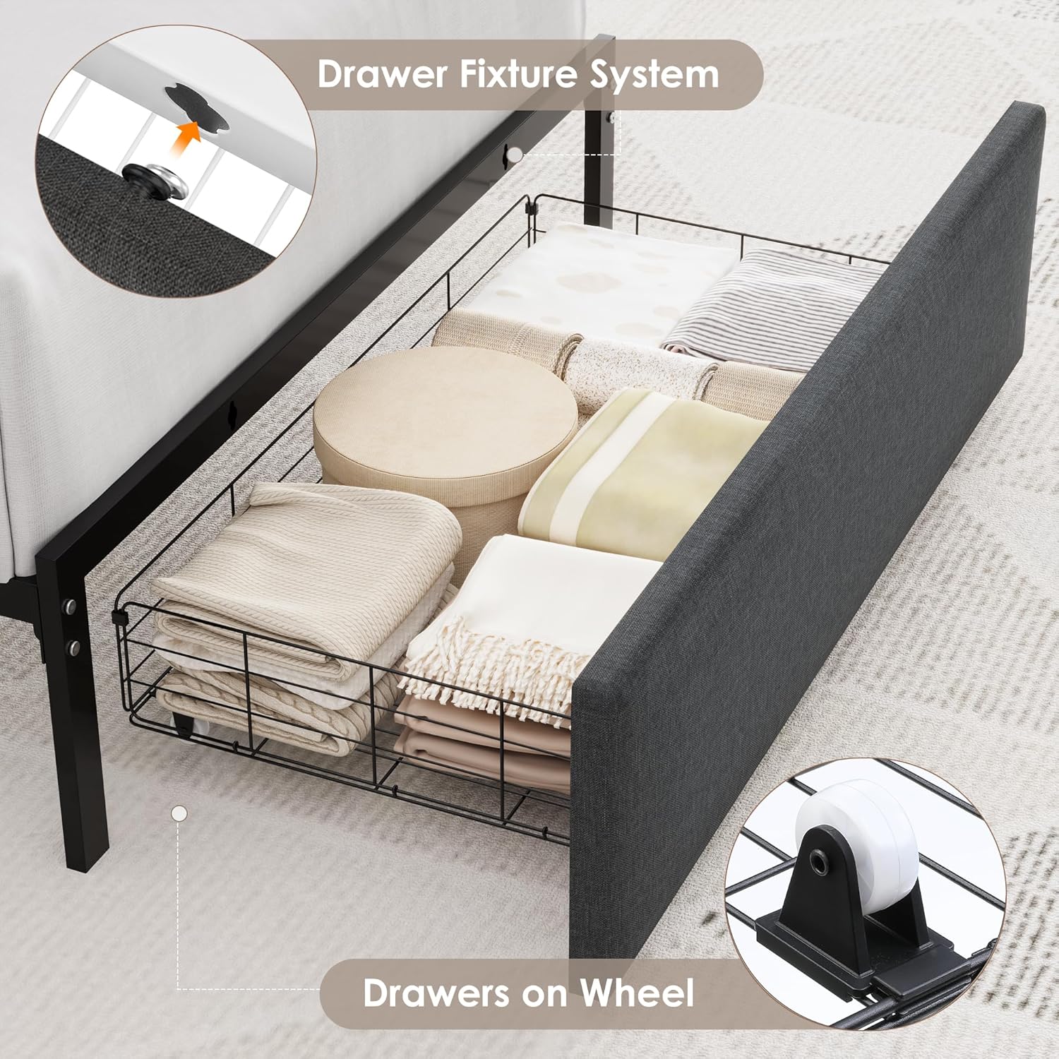 Keyluv Twin Bed Frame with Storage Headboard & Charging Station, Upholstered LED Platform Bed with Bedside Storage Rack & Drawer, Metal Slat Support, No Box Spring Needed, Linen Fabric, Black - Image 8