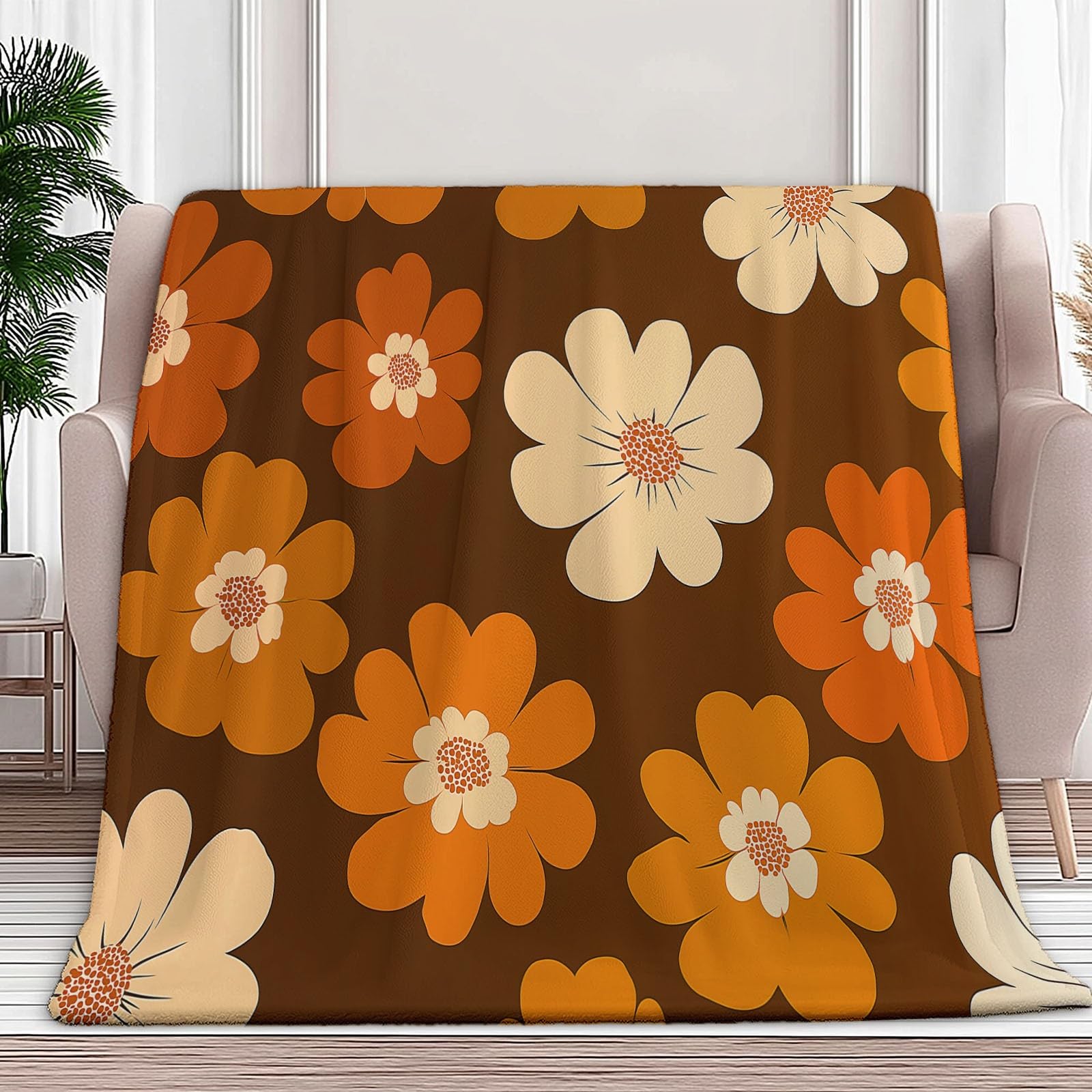 Générique Brązowy koc flanelowy dla dziewczynek dzieci i dorosłych, 200 x 200 cm, puszysty ciepły nadruk proste kwiaty retro koc na sofy Łóżko podróżne